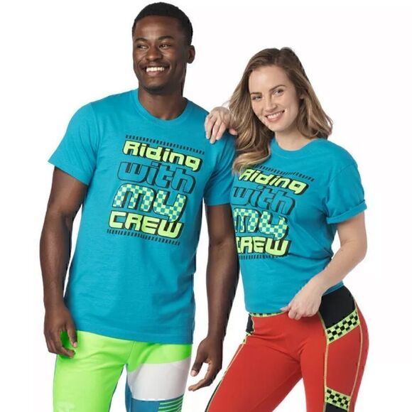 ZUMBA Fitness “Riding with My Crew” unisex tee bright blue in m/l xl/xxl nwt - Picture 2 of 7